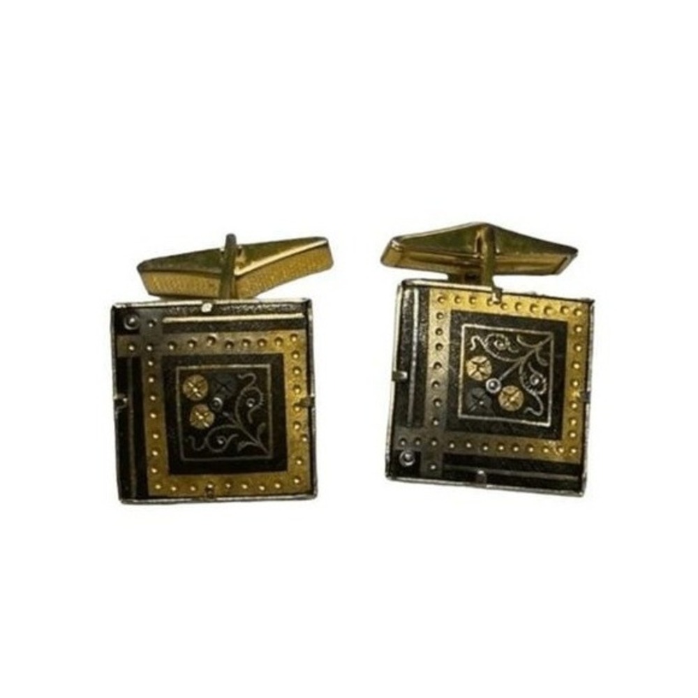 Vintage Damascene Art Deco Floral Cuff Links Black Gold Tone Metal Retro